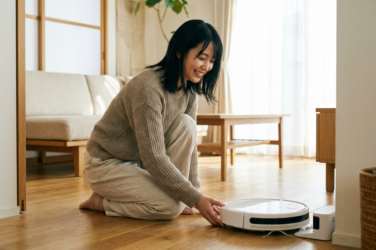 ロボット掃除機を見つめる女性、清掃完了後の様子