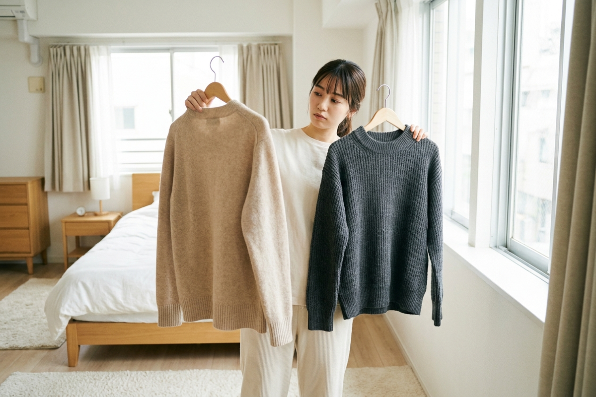 スマートフォンで服を選ぶ女性