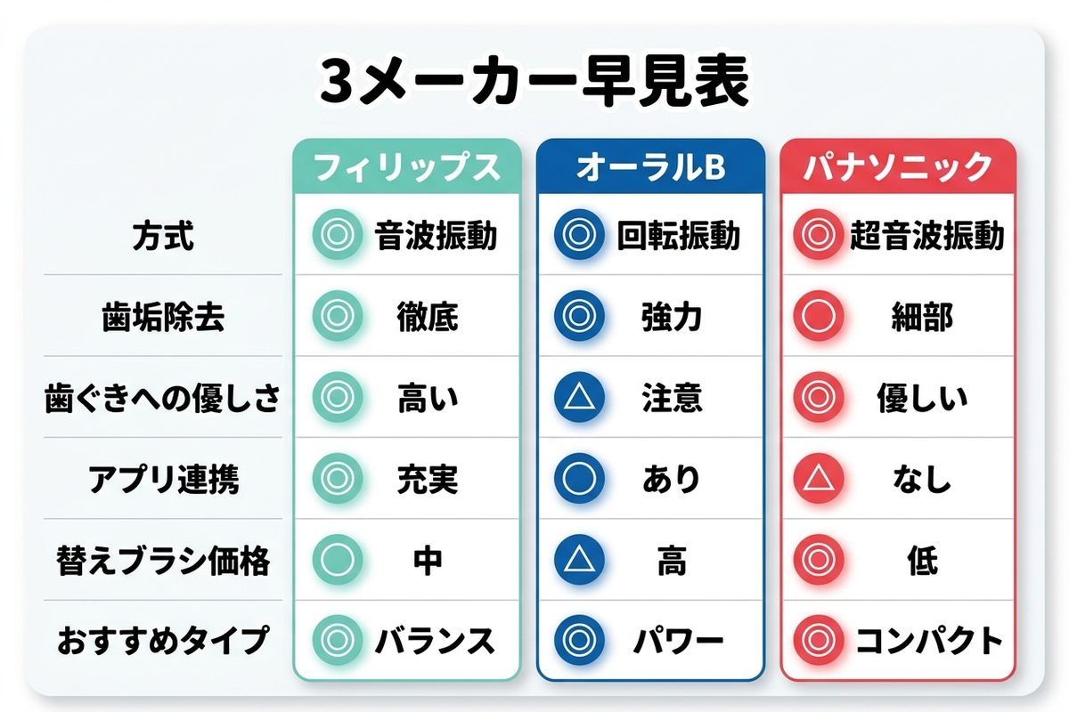 フィリップス・オーラルB・パナソニックの3メーカー比較早見表