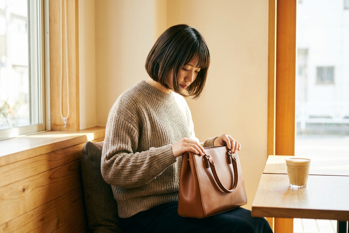 カフェでレザーバッグを確認する女性