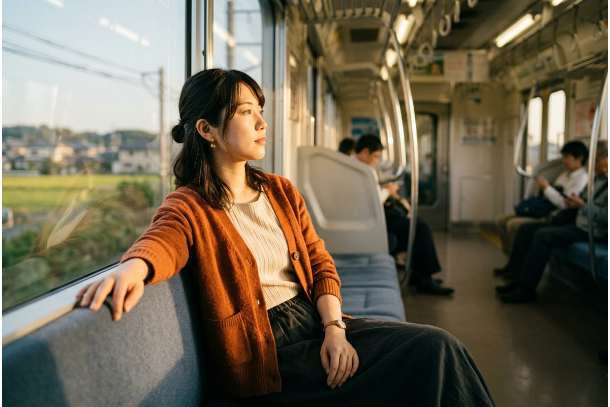 電車の窓辺に座る女性