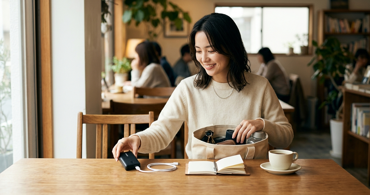 カフェで荷物を整理する女性