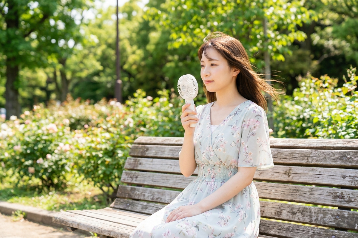 若い女性が公園のベンチでハンディファンを使う様子