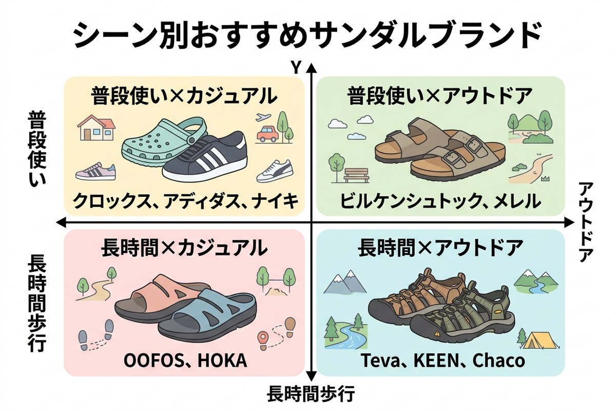 シーン別おすすめサンダルブランドマップ