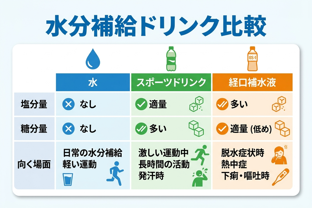水分補給ドリンク3種の比較表