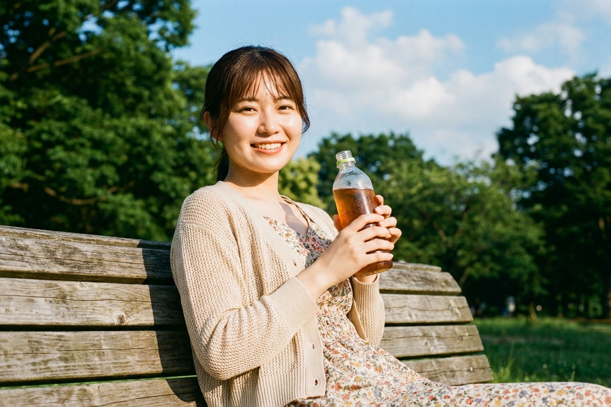 若い女性が公園で冷たい飲み物を持っている