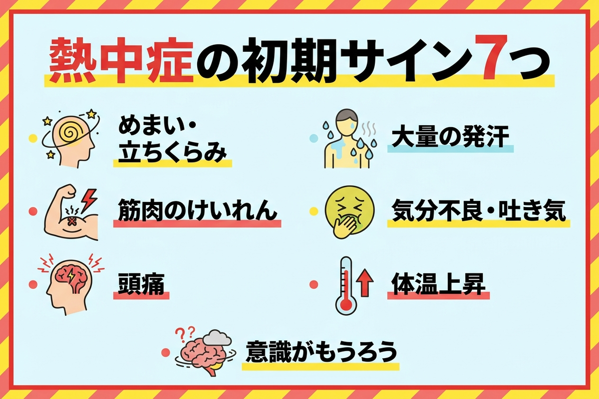 熱中症の初期サイン7つを示すインフォグラフィック