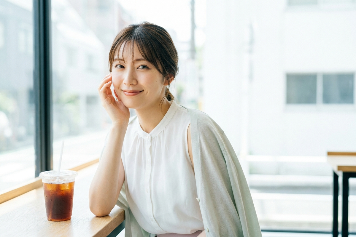 夏のカフェで爽やかに過ごす若い女性