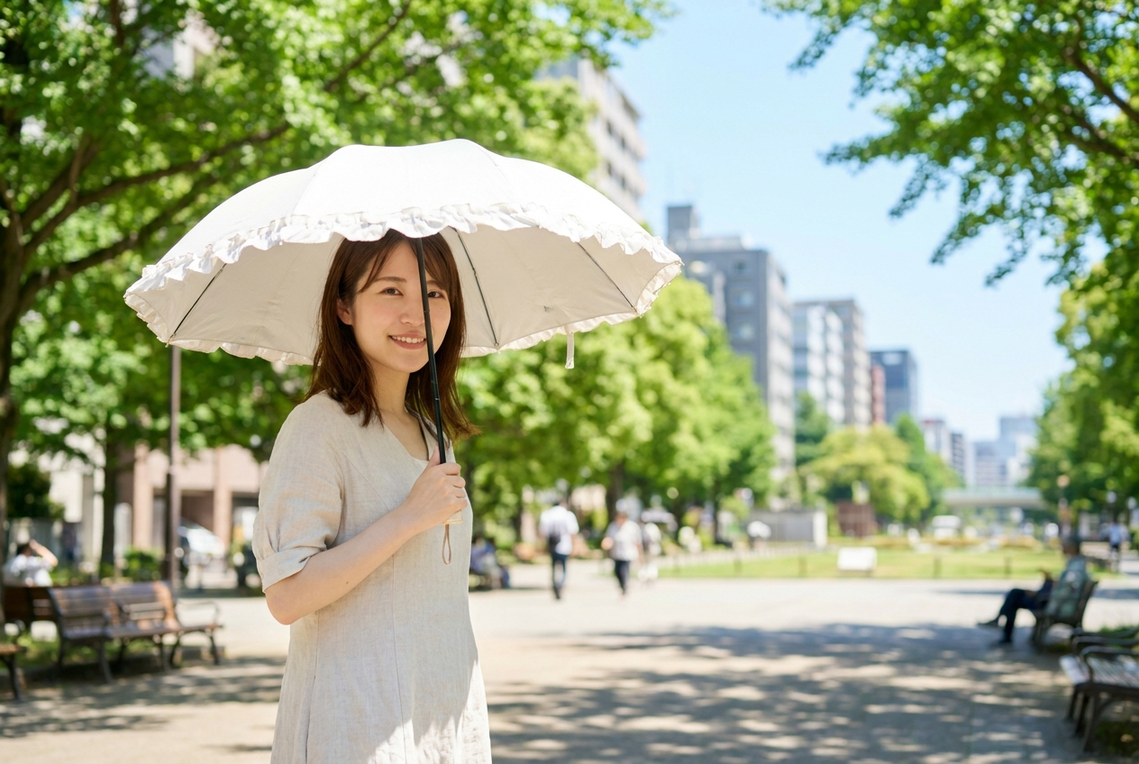 夏の日差しの中、白い日傘で涼しげに過ごす若い女性