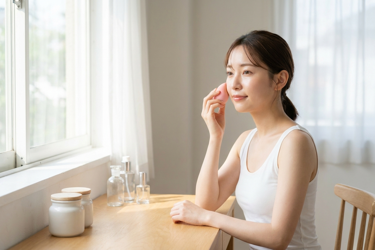 夏の朝、窓際でベースメイクを整える若い日本人女性