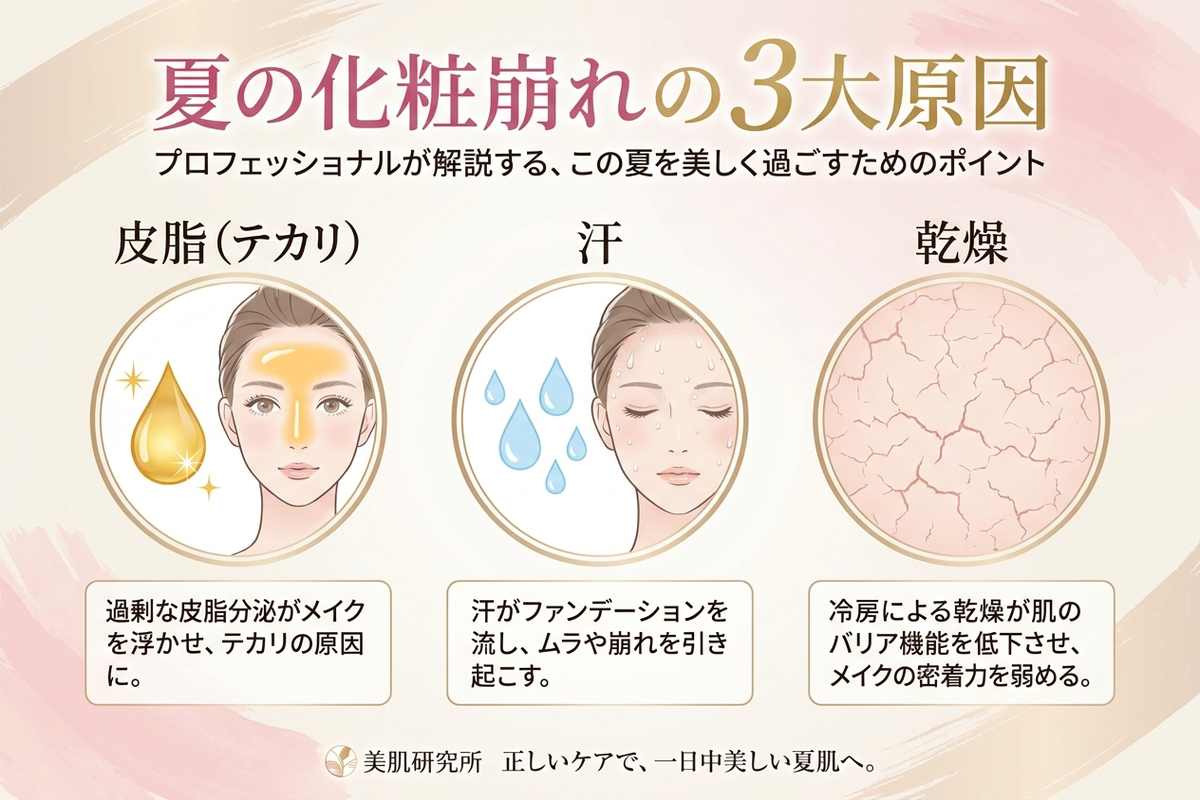 夏の化粧崩れ3大原因（皮脂・汗・乾燥）を解説したインフォグラフィック