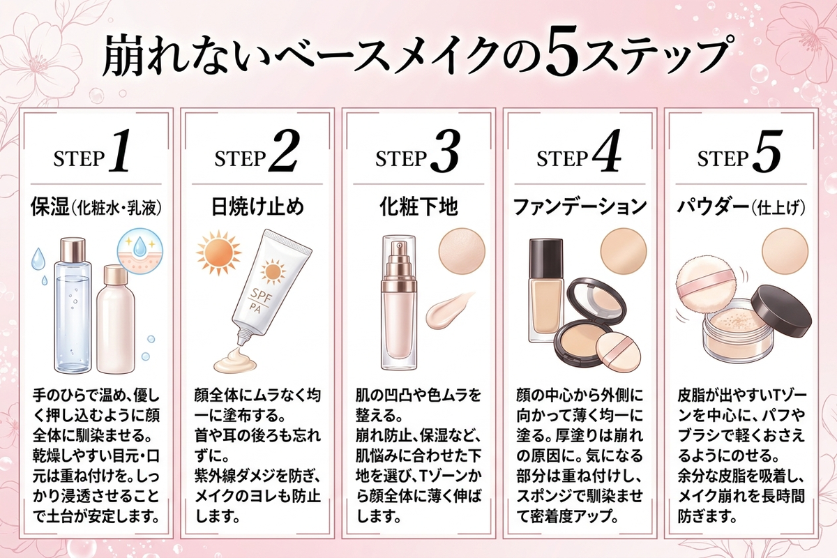 崩れないベースメイクの5ステップ（保湿→日焼け止め→下地→ファンデ→パウダー）インフォグラフィック