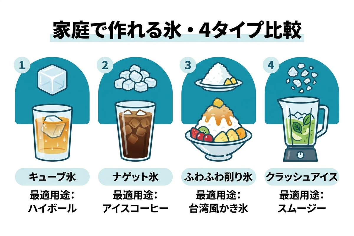 氷の形状比較（キューブ氷・ナゲット氷・ふわふわかき氷）を示すイラスト