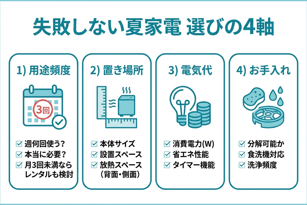 夏のキッチン家電を選ぶ4軸（用途頻度・置き場所・電気代・お手入れ）を整理した図