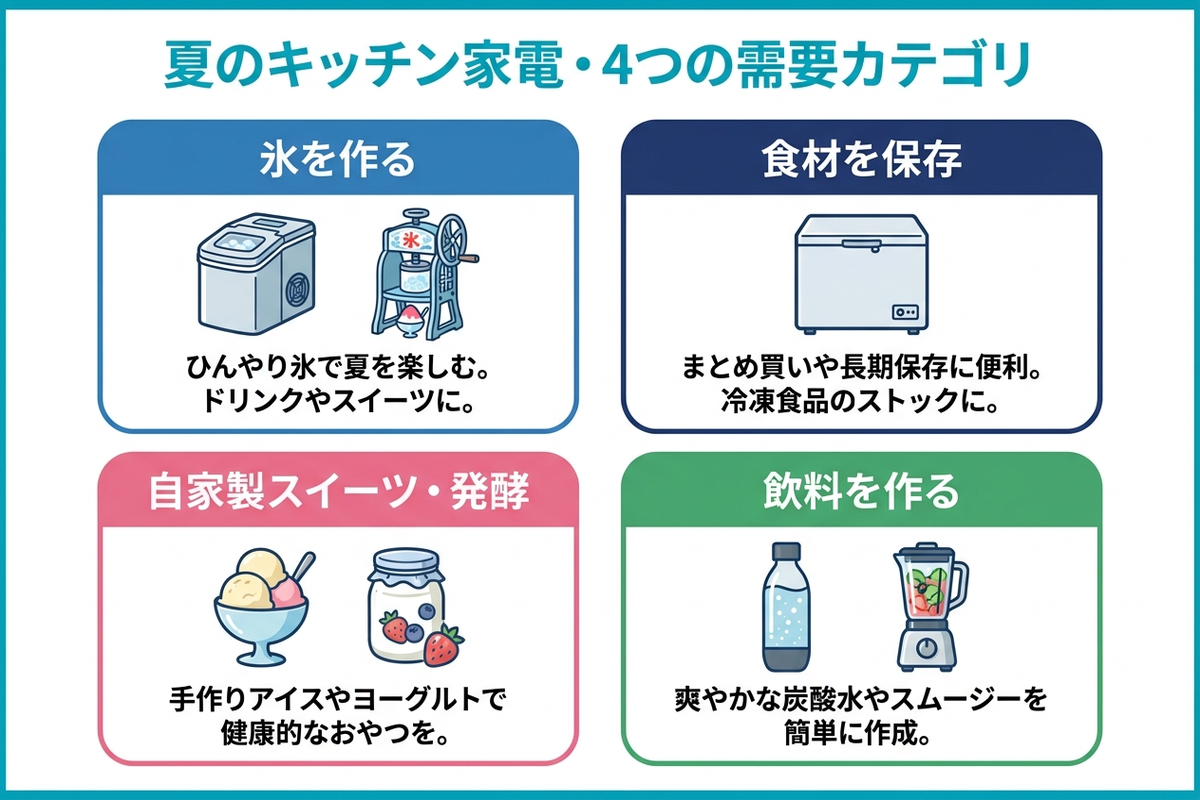 夏のキッチン需要4カテゴリ（氷・保存・自家製スイーツ・飲料）を示すインフォグラフィック