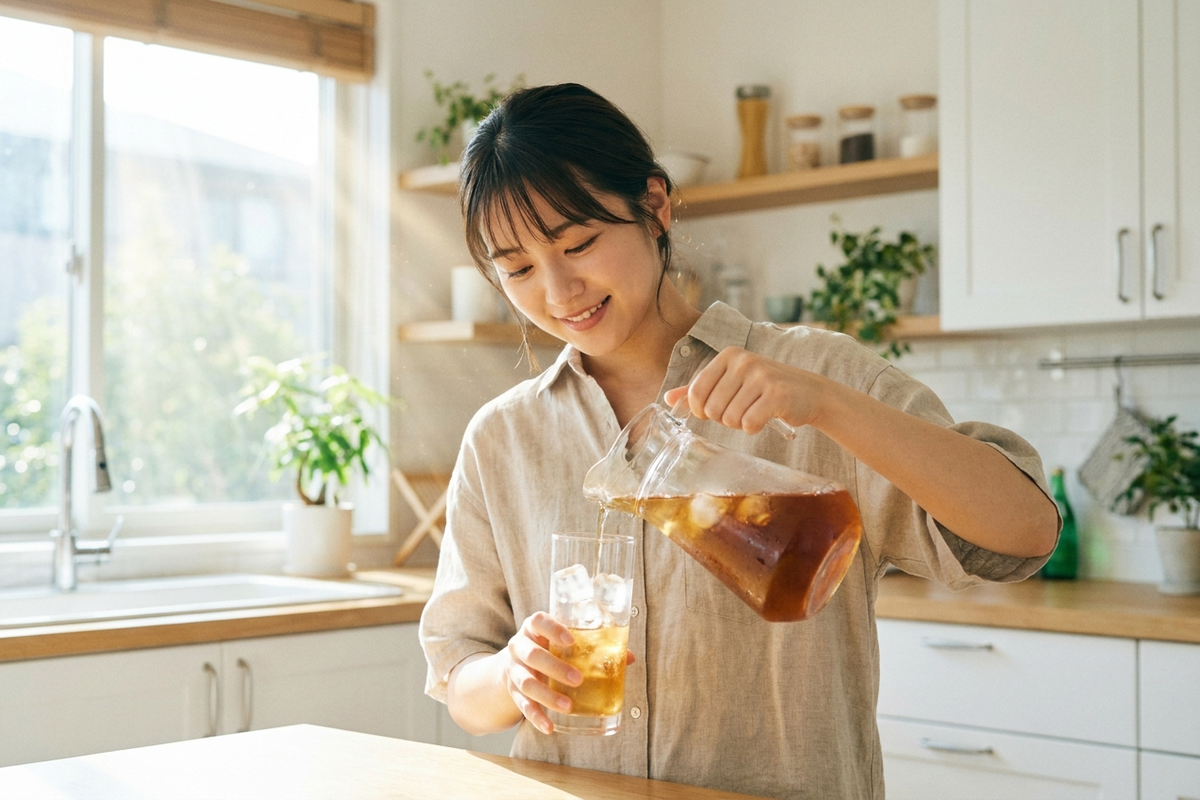 夏の朝、明るいキッチンでアイスティーをグラスに注ぐ若い日本人女性