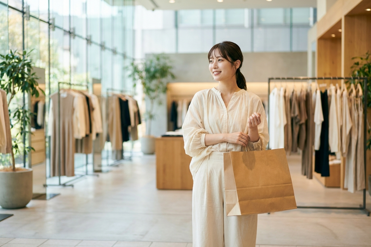 夏のショッピングモールで明るく微笑む若い日本人女性