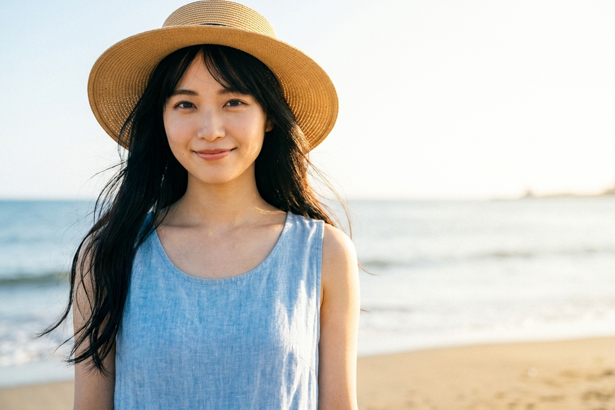 夏の海辺で髪をなびかせる女性