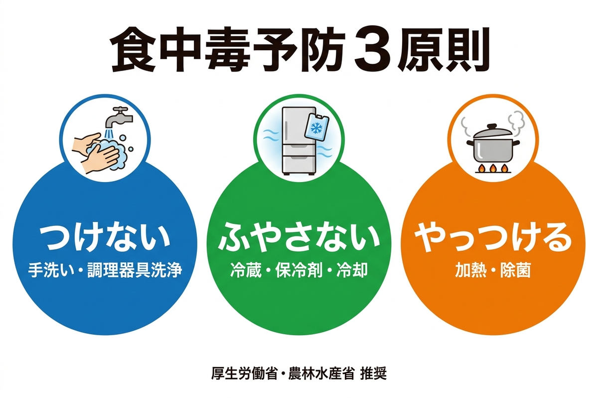 食中毒予防の3原則：つけない・ふやさない・やっつける