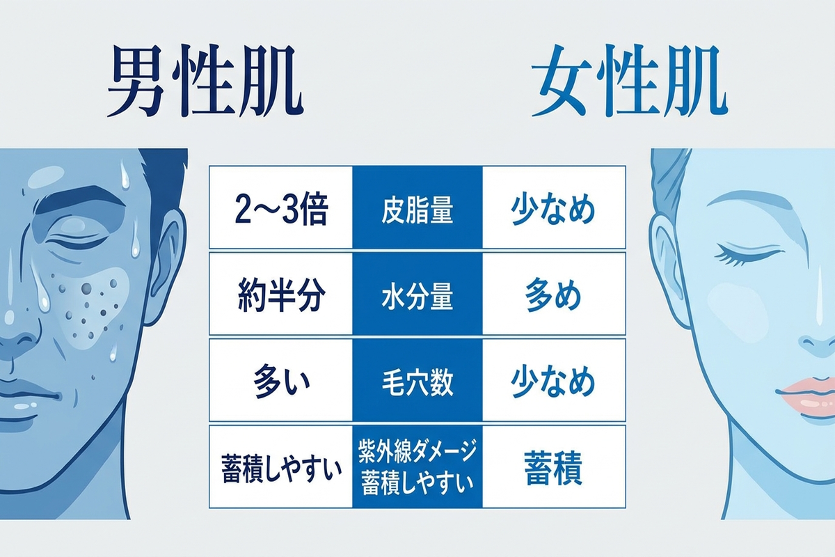 男性と女性の肌の違いを比較したインフォグラフィック