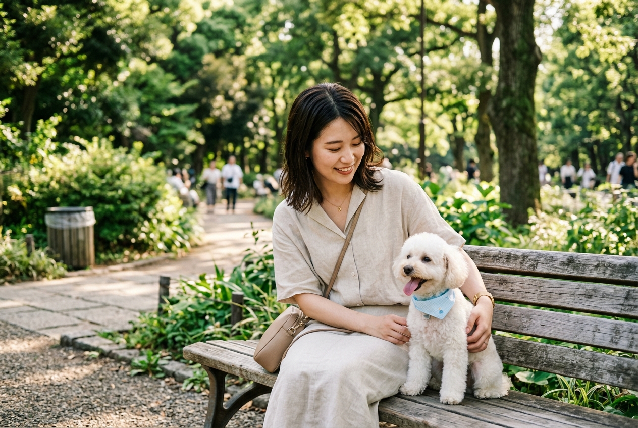 夏の公園で愛犬と過ごす20代の日本人女性