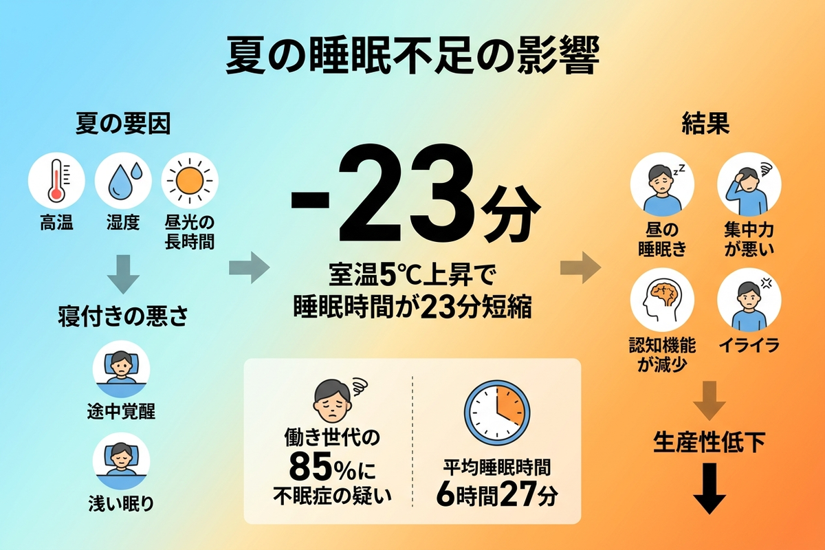 夏の睡眠不足が日中の生産性を下げる仕組みの図解