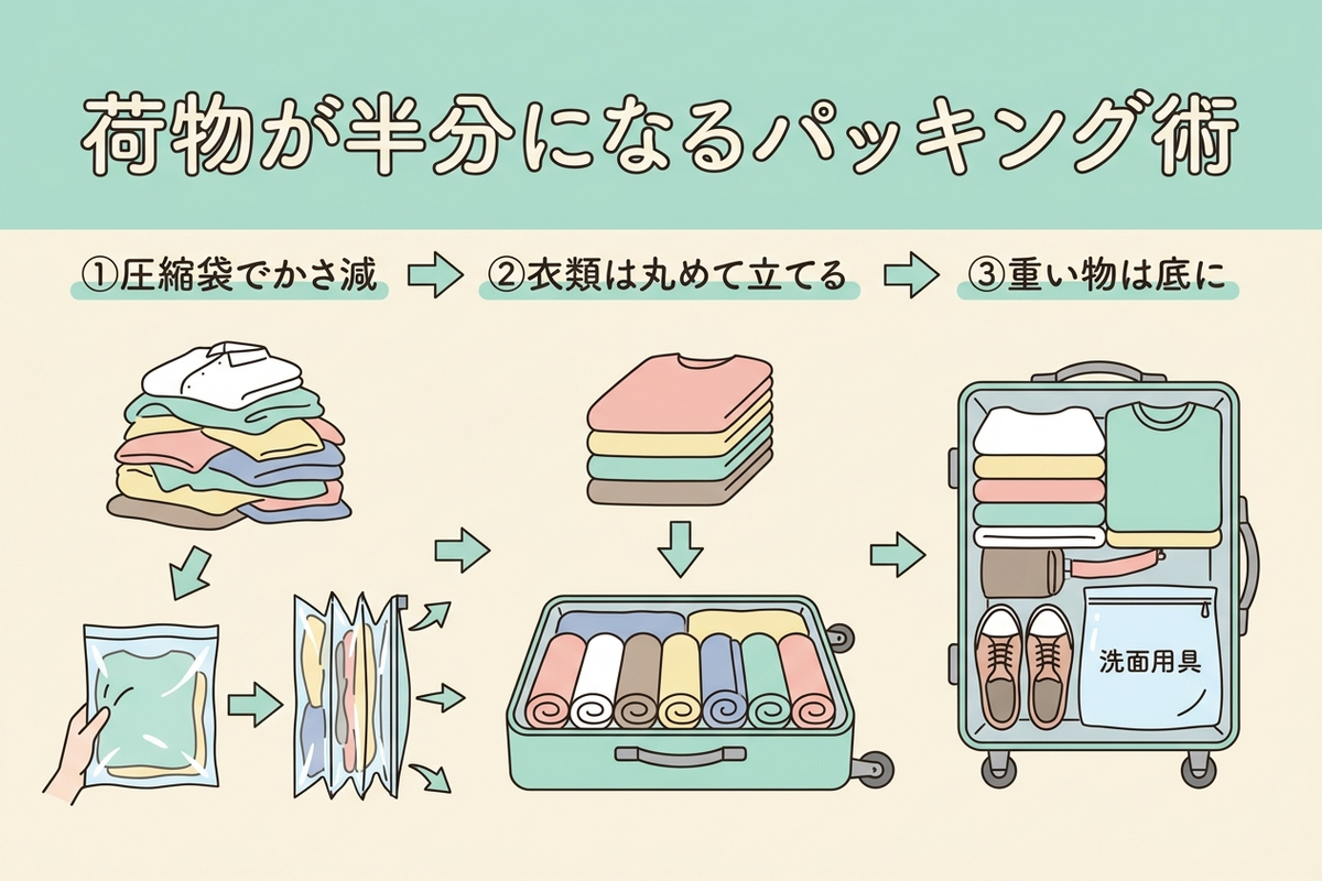 パッキングを半分にする圧縮テクニックの図解