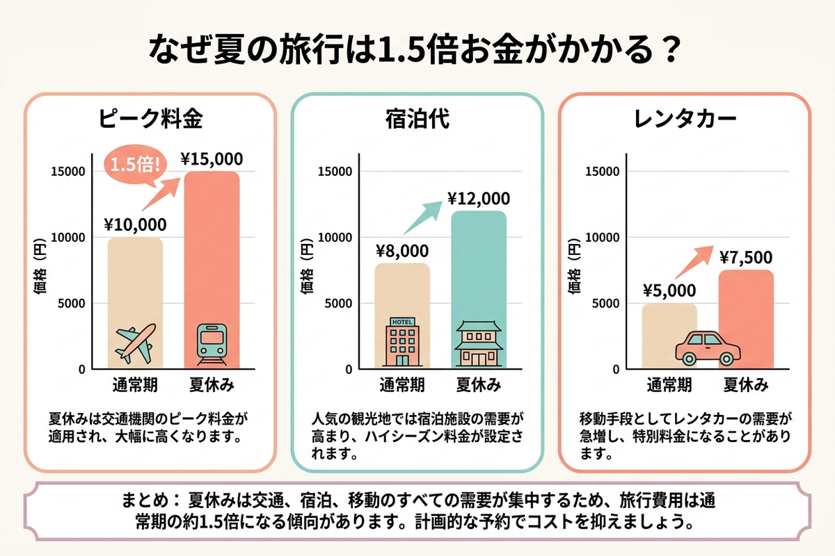 夏休み旅行費用の上昇トレンドを示すインフォグラフィック
