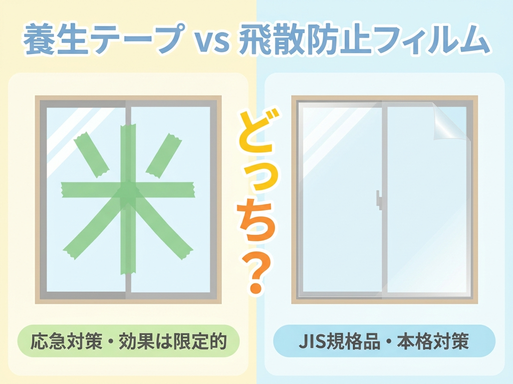 養生テープと飛散防止フィルムの比較イラスト