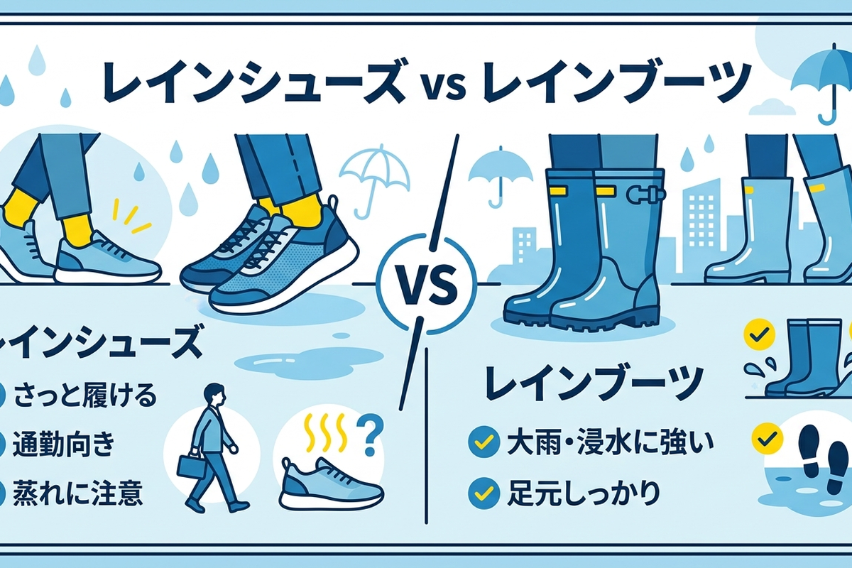 レインシューズ vs レインブーツ 使い分けの比較図解