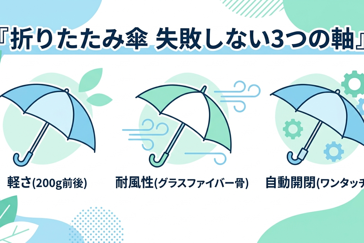 折りたたみ傘 失敗しない3つの軸 — 軽さ・耐風性・自動開閉の図解