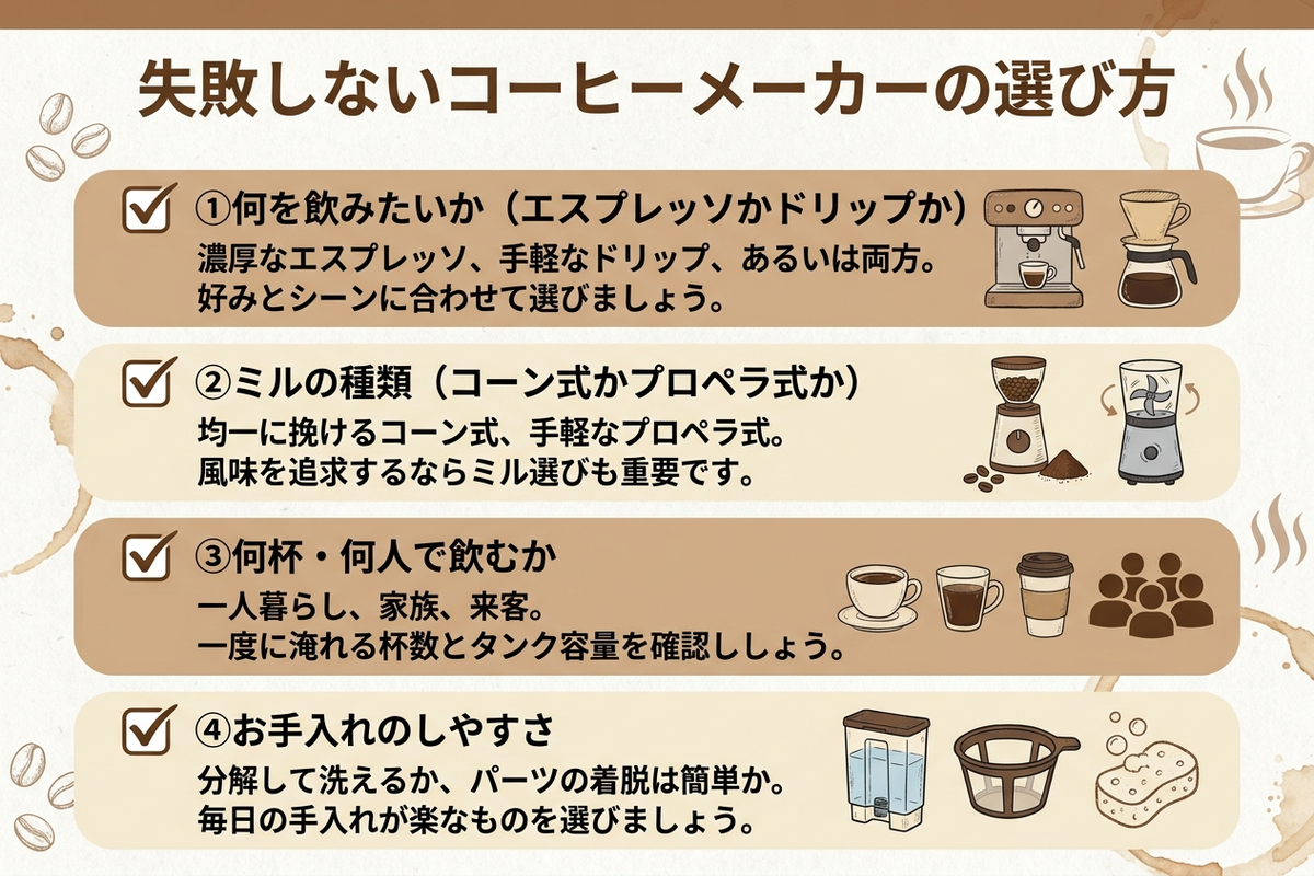 コーヒーメーカーの飲み方別・人数別の選び方チャート