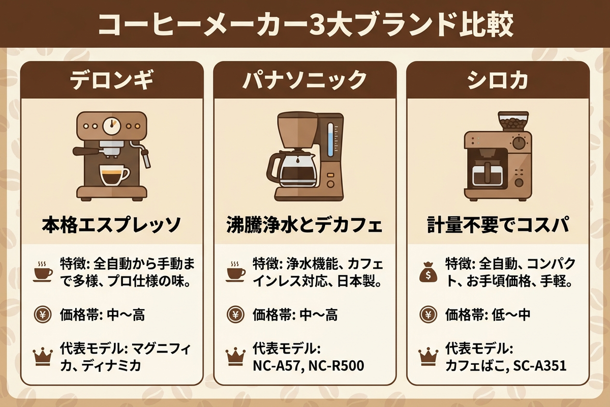 デロンギ・パナソニック・シロカの3ブランド比較早見表