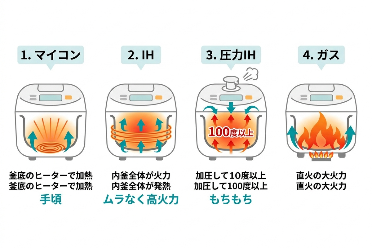 マイコン・IH・圧力IH・ガスの加熱方式の違いを図解したイラスト