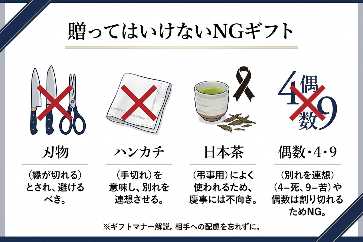 結婚祝いで避けたいNGギフト 刃物・ハンカチ・お茶・偶数の図解