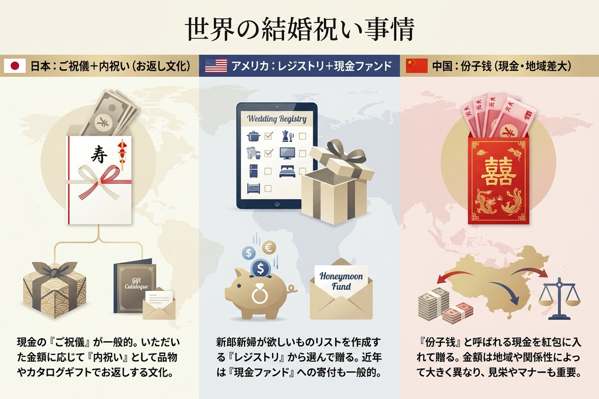 日本・アメリカ・中国の結婚祝い文化の違い 比較図解