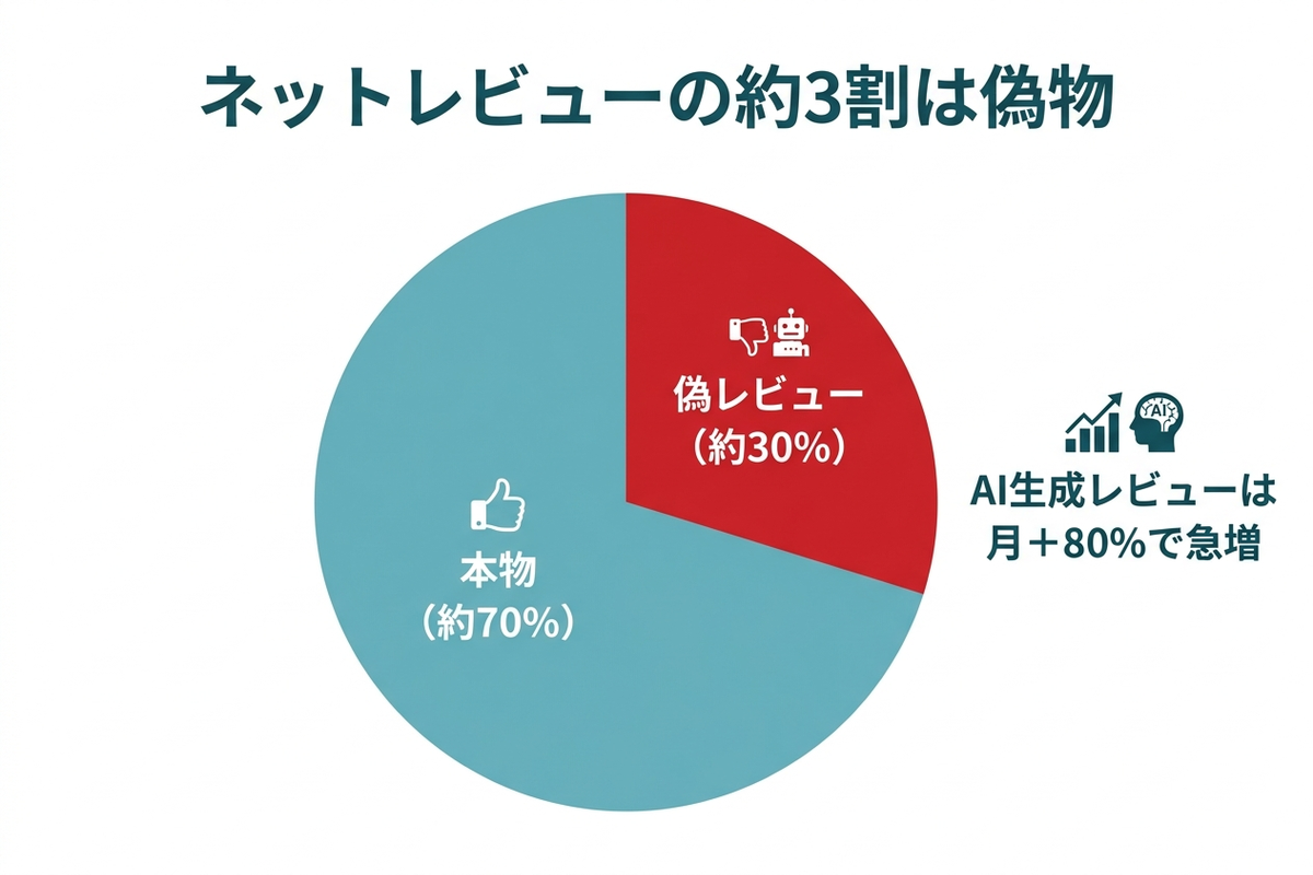 オンラインレビューの約3割が偽物であることを示す統計グラフの図解