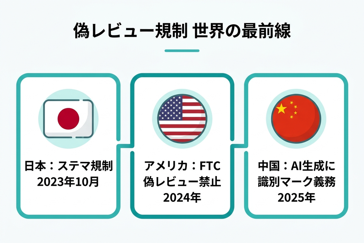 日本・アメリカ・中国の偽レビュー規制を比較した世界地図風の図解