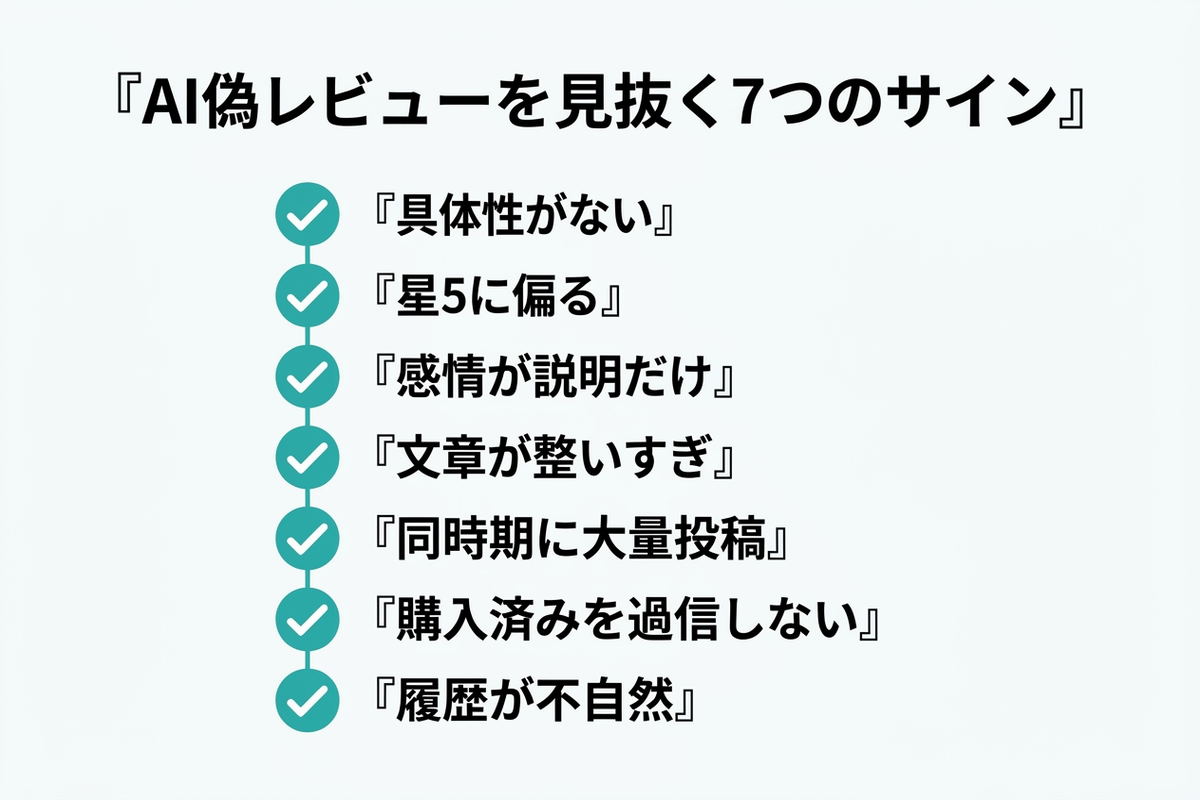 AI偽レビューを見抜く7つのチェックポイントを示すチェックリストの図解
