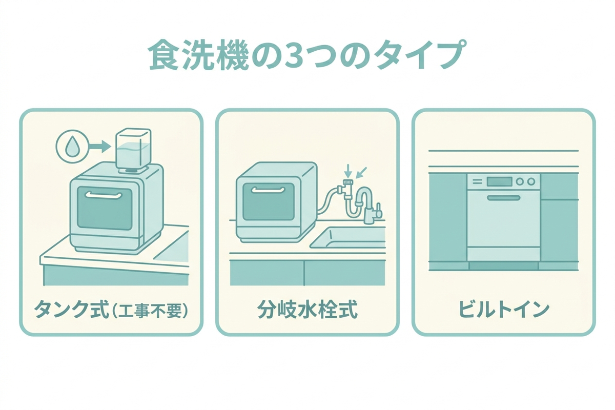 食洗機の3つのタイプ タンク式・分岐水栓式・ビルトインの比較図