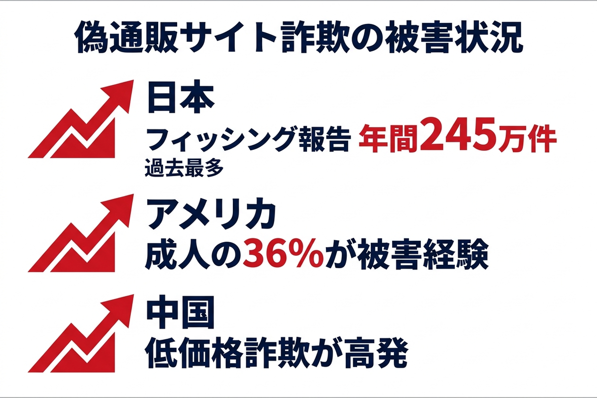 日本・米国・中国の偽通販サイト詐欺の被害状況を示す統計グラフ