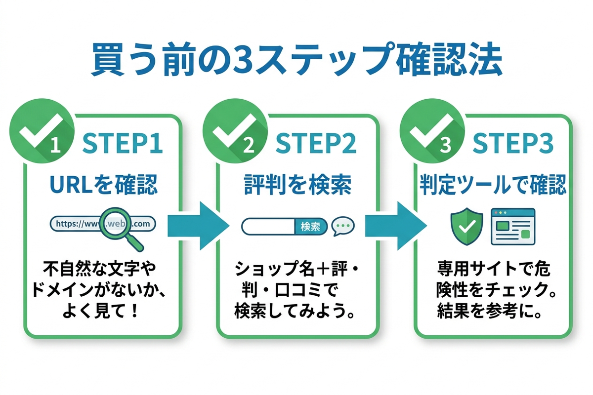 偽通販サイトを避けるための購入前3ステップ確認法の図解