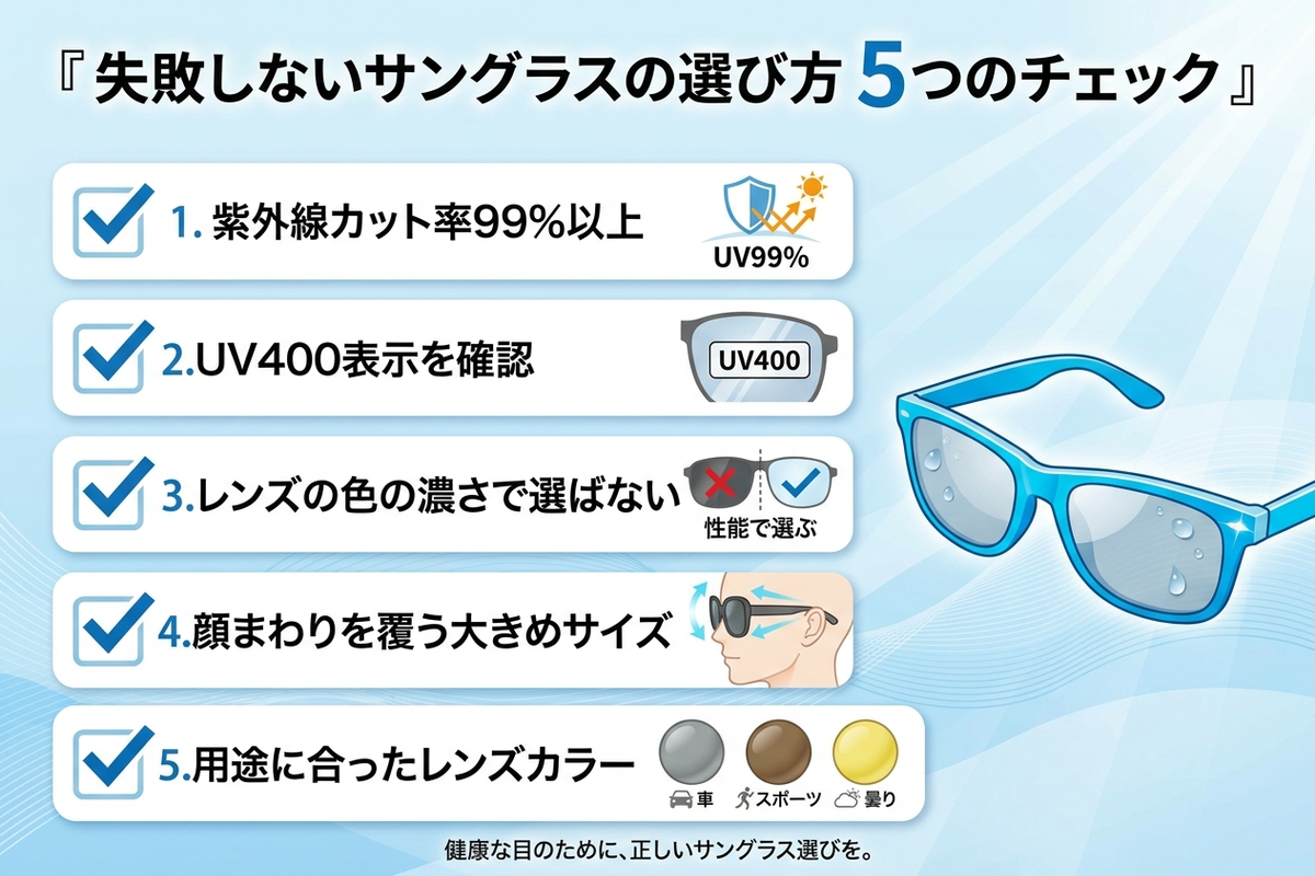 失敗しないサングラスの選び方5つのチェックリスト。紫外線カット率99%以上、UV400表示、色の濃さで選ばない、大きめサイズ、用途に合った色