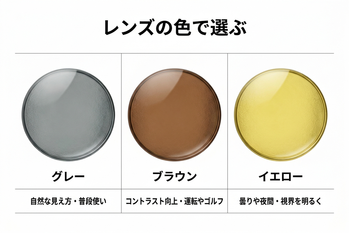 レンズの色で選ぶ早見表。グレーは自然な見え方で普段使い、ブラウンはコントラスト向上で運転やゴルフ、イエローは曇りや夜間に視界を明るく