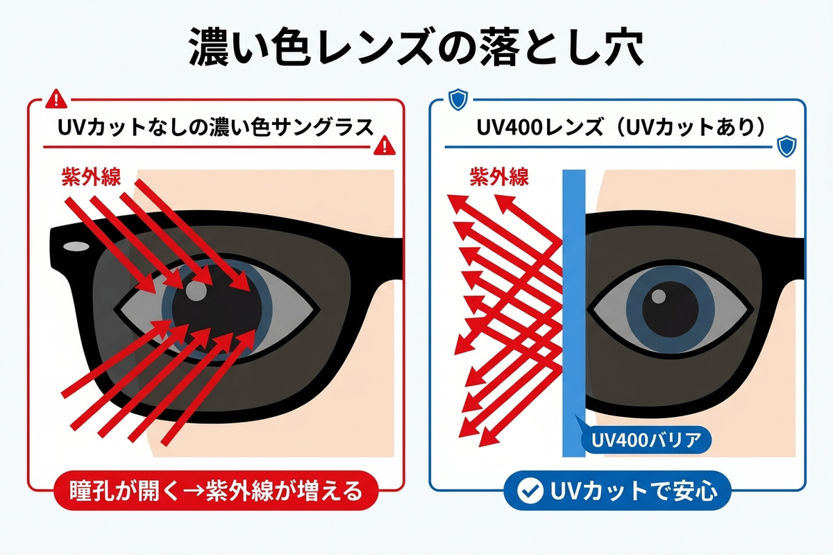 濃い色レンズの落とし穴を示す図解。UVカットのない濃い色レンズは瞳孔が開いて紫外線が増え、UV400レンズはバリアでブロックする