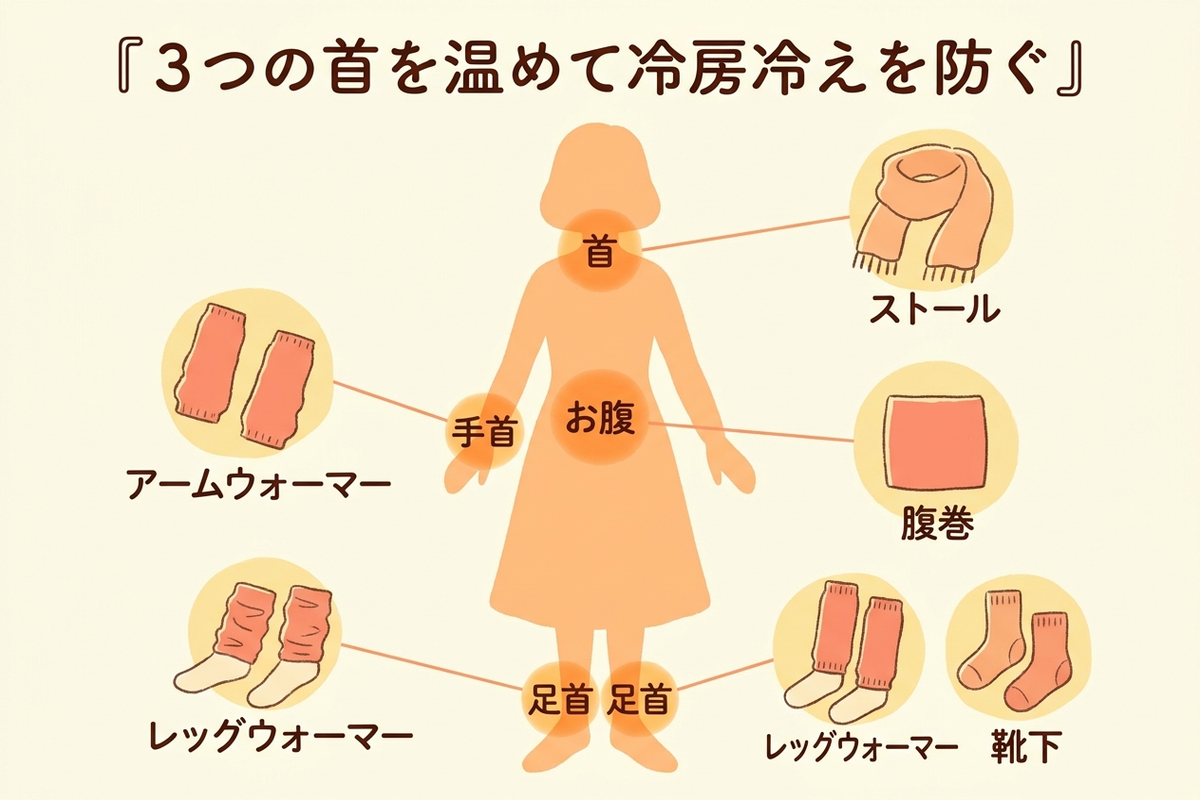 足首・お腹・肩を温める温活グッズで冷房冷えを防ぐイメージを描いた日本語の図解