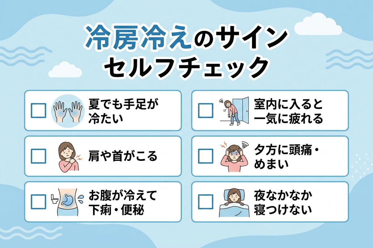 夏でも手足が冷たい・肩こり・お腹の冷え・だるさなど、冷房冷えのセルフチェック項目を並べた日本語のチェックリスト図