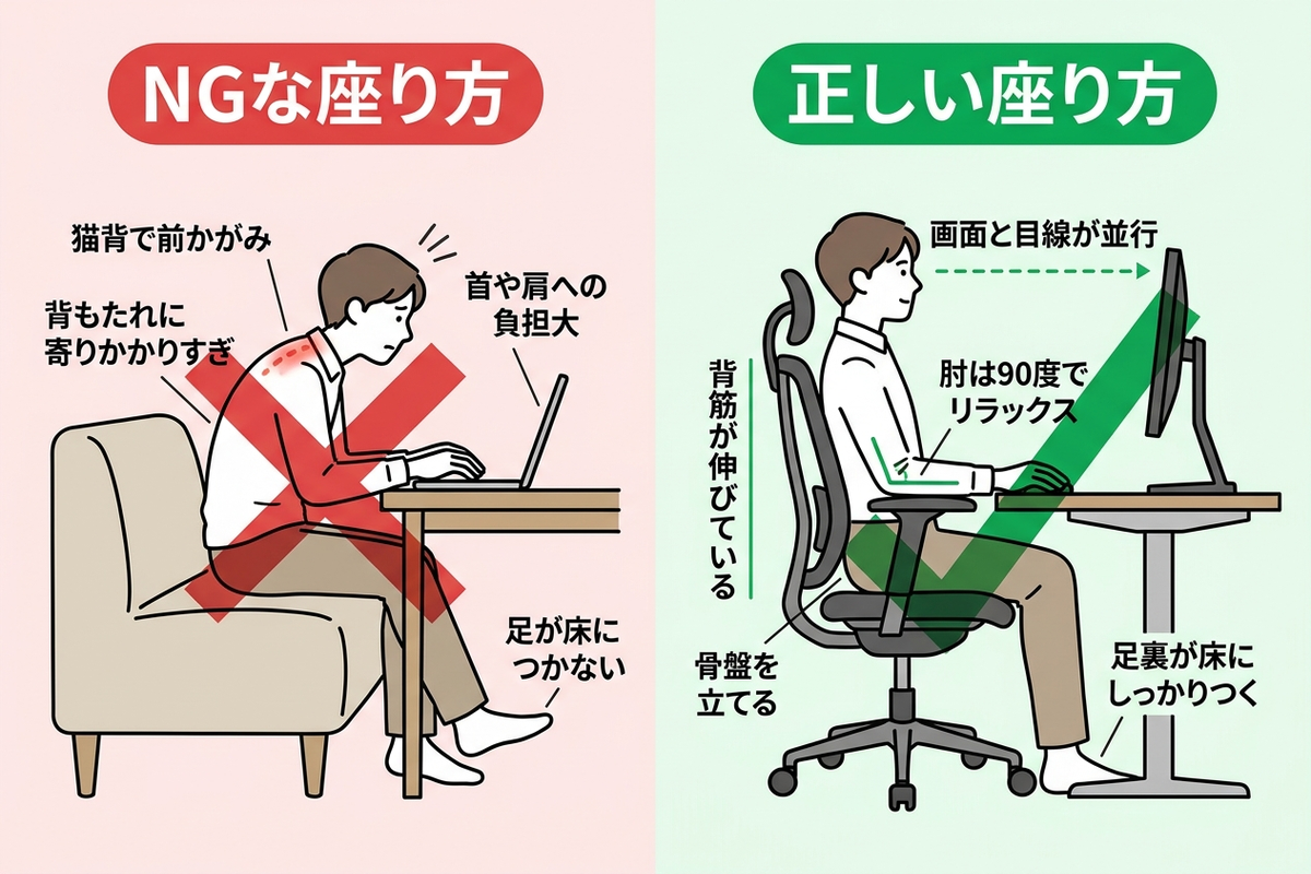 デスクワークのNGな座り方と正しい座り方の比較図解
