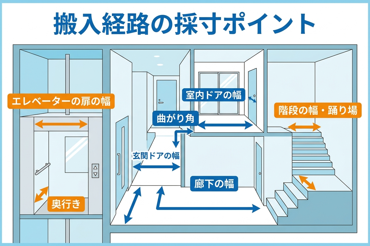 搬入経路の採寸ポイントを示す図解。玄関・室内ドア・廊下・曲がり角・エレベーター・階段