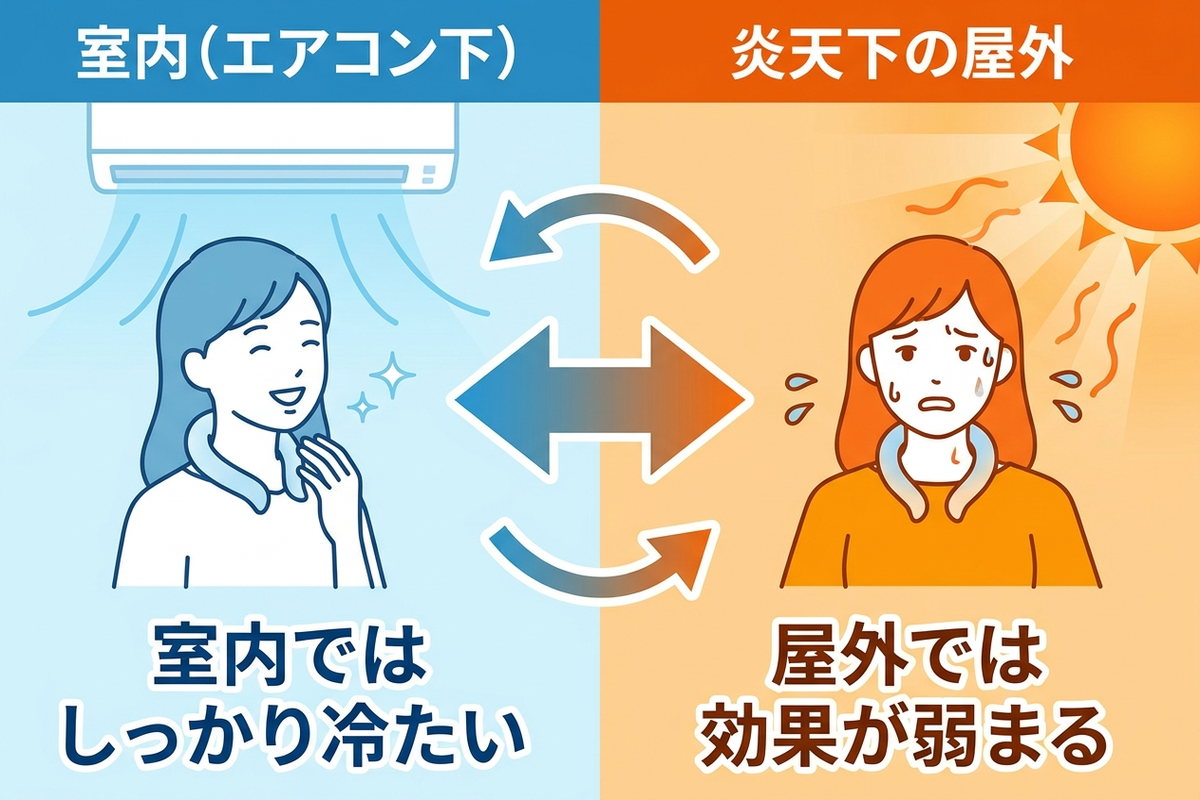室内と屋外でのネッククーラーの効果の違いを比較したイラスト